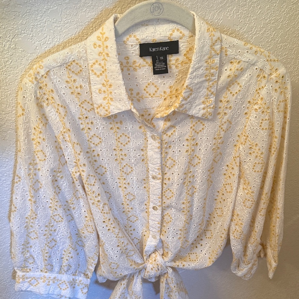 Karen Kane Women's Button Down Eyelet Shirt in White and Yellow